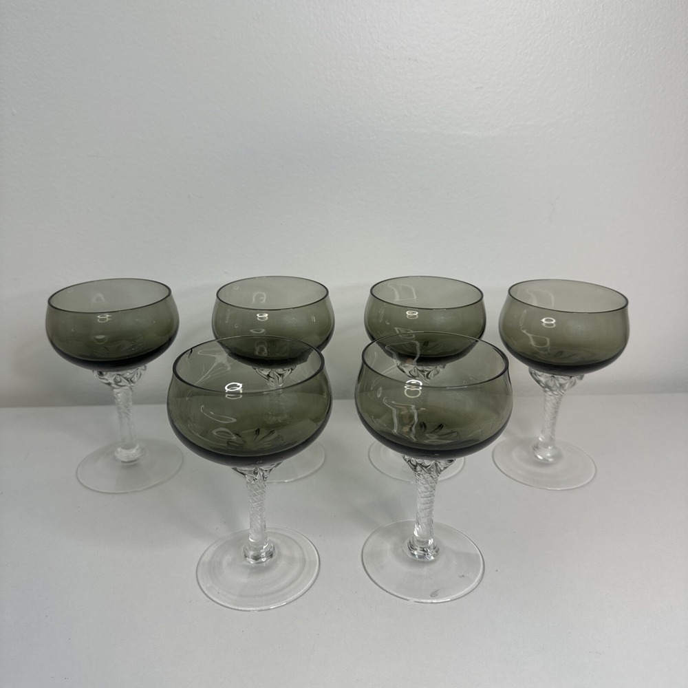 Set 6 SASAKI 4.5" Hawthorne Smoke Grey Blown Crysal Sherbert/Champage Glasses